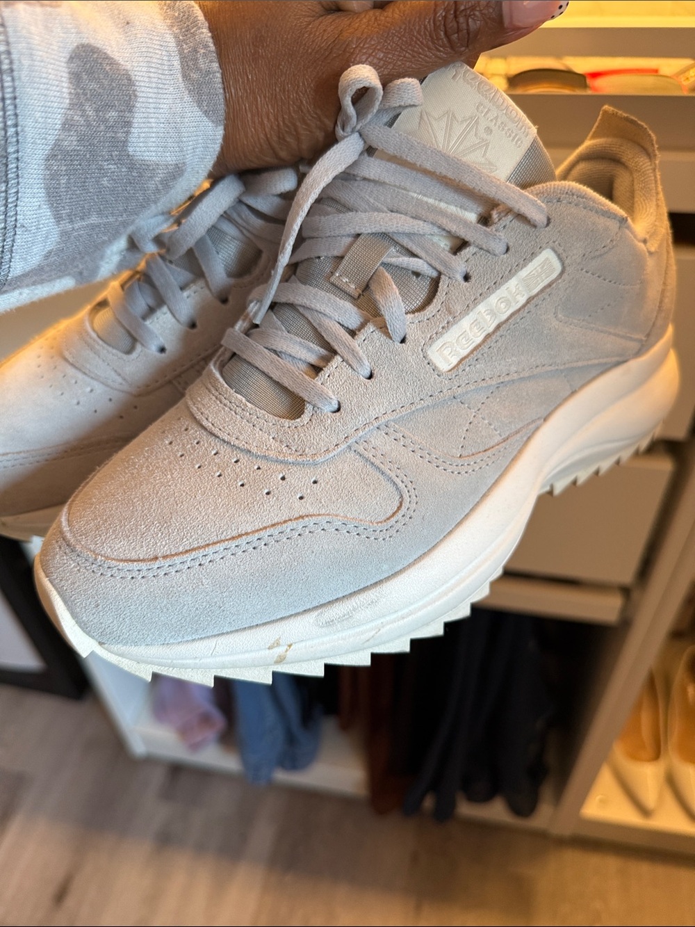 Reebok Women’s Suede Platform Sneakers in Light Grey.